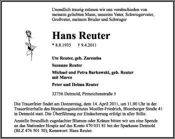 Anzeige  Hans Reuter  Lippische Landes-Zeitung