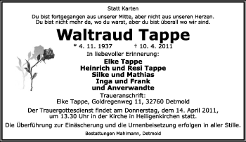 Anzeige  Waltraud Tappe  Lippische Landes-Zeitung