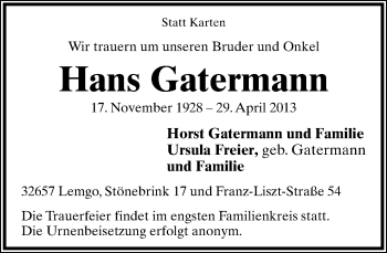 Anzeige  Hans Gatermann  Lippische Landes-Zeitung