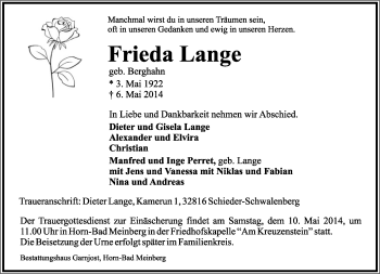 Anzeige  Frieda Lange  Lippische Landes-Zeitung