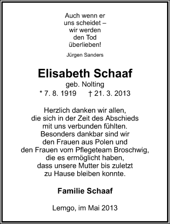 Anzeige  Elisabeth Schaaf  Lippische Landes-Zeitung