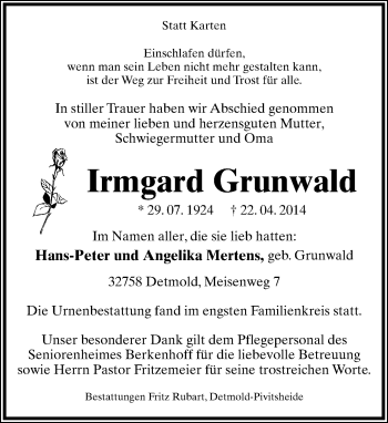 Anzeige  Irmgard Grunwald  Lippische Landes-Zeitung