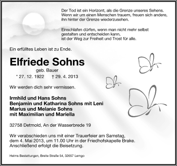 Anzeige  Elfriede Sohns  Lippische Landes-Zeitung