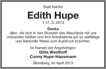 Anzeige  Edith Hupe  Lippische Landes-Zeitung