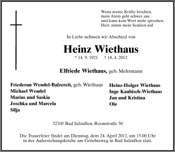 Anzeige  Heinz Wiethaus  Lippische Landes-Zeitung