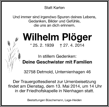 Anzeige  Wilhelm Plöger  Lippische Landes-Zeitung