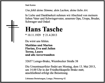 Anzeige  Hans Tasche  Lippische Landes-Zeitung