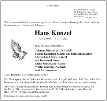 Anzeige  Hans Künzel  Lippische Landes-Zeitung