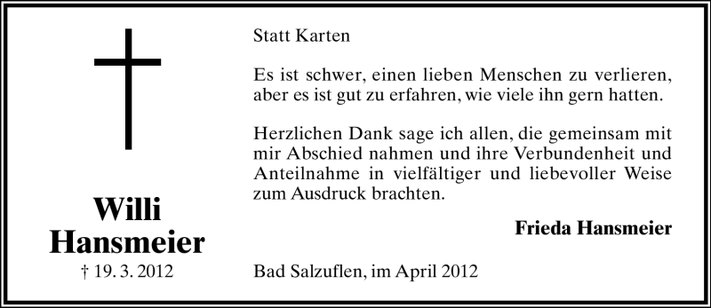  Traueranzeige für Willi Hansmeier vom 21.04.2012 aus Lippische Landes-Zeitung