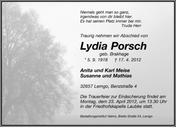Anzeige  Lydia Porsch  Lippische Landes-Zeitung
