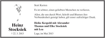Anzeige  Heinz Stocksiek  Lippische Landes-Zeitung