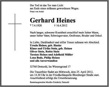 Anzeige  Gerhard Heines  Lippische Landes-Zeitung