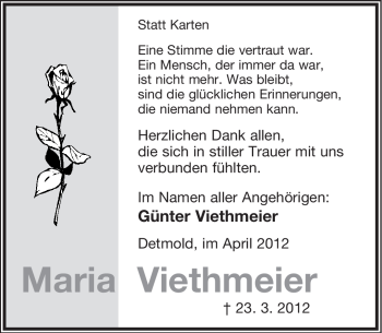 Anzeige  Maria Viethmeier  Lippische Landes-Zeitung