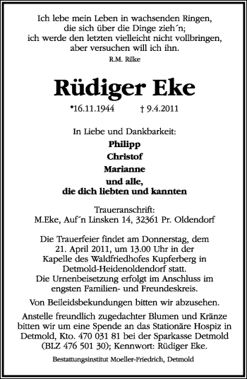 Anzeige  Rüdiger Eke  Lippische Landes-Zeitung