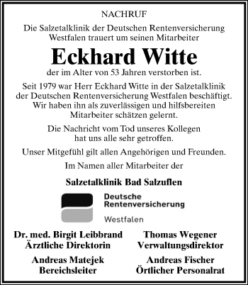 Anzeige  Eckhard Witte  Lippische Landes-Zeitung