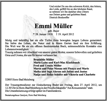 Anzeige  Emmi Müller  Lippische Landes-Zeitung