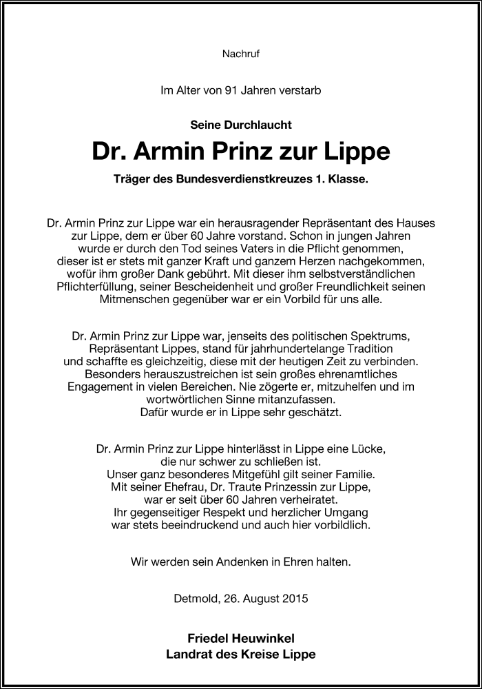  Traueranzeige für Armin Prinz zur Lippe vom 26.08.2015 aus Lippische Landes-Zeitung