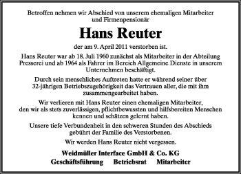 Anzeige  Hans Reuter  Lippische Landes-Zeitung