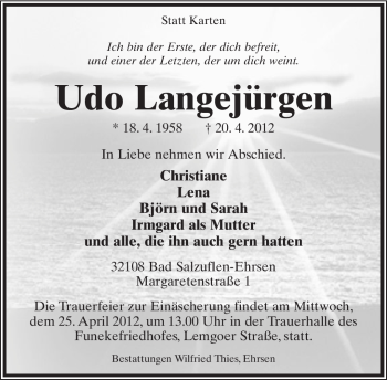 Anzeige  Udo Langejürgen  Lippische Landes-Zeitung