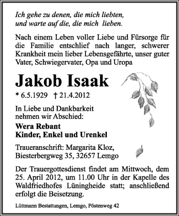 Anzeige  Jakob Isaak  Lippische Landes-Zeitung