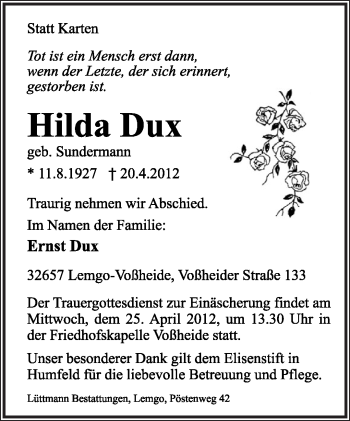 Anzeige  Hilda Dux  Lippische Landes-Zeitung