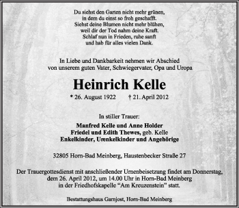 Anzeige  Heinrich Kelle  Lippische Landes-Zeitung