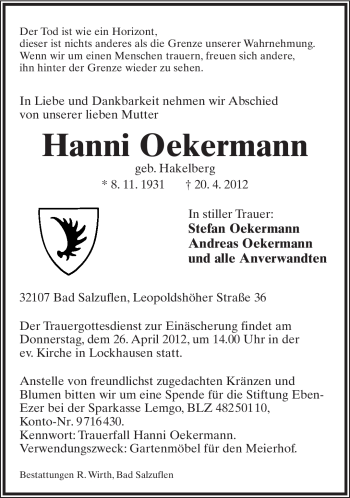 Anzeige  Hanni Oekermann  Lippische Landes-Zeitung