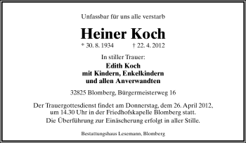 Anzeige  Heiner Koch  Lippische Landes-Zeitung