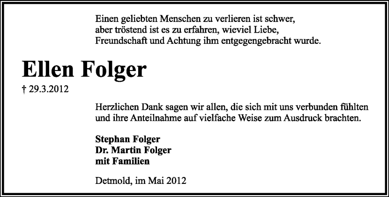  Traueranzeige für Ellen Folger vom 05.05.2012 aus Lippische Landes-Zeitung