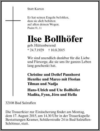 Anzeige  Ilse Bollhöfer  Lippische Landes-Zeitung