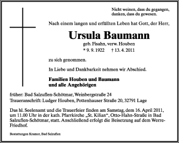Anzeige  Ursula Baumann  Lippische Landes-Zeitung