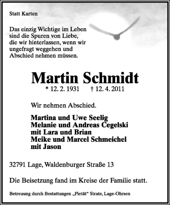 Anzeige  Martin Schmidt  Lippische Landes-Zeitung