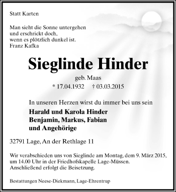 Anzeige  Sieglinde Hinder  Lippische Landes-Zeitung