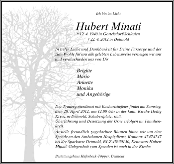 Anzeige  Hubert Minati  Lippische Landes-Zeitung