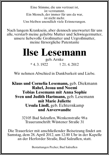 Anzeige  Ilse Lesemann  Lippische Landes-Zeitung