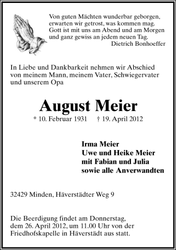 Anzeige  August Meier  Lippische Landes-Zeitung