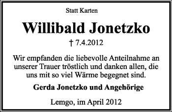 Anzeige  Willibald Jonetzko  Lippische Landes-Zeitung