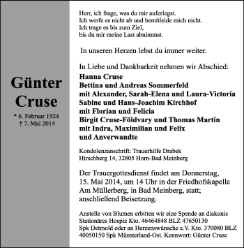 Anzeige  Günter Cruse  Lippische Landes-Zeitung