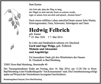 Anzeige  Hedwig Felbrich  Lippische Landes-Zeitung
