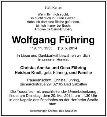 Anzeige  Wolfgang FÃ¼hring  Lippische Landes-Zeitung