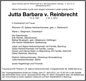 Anzeige  Jutta Barbara von Reinbrecht  Lippische Landes-Zeitung