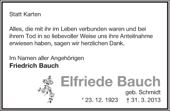 Anzeige  Elfriede Bauch  Lippische Landes-Zeitung