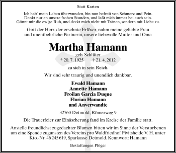 Anzeige  Martha Hamann  Lippische Landes-Zeitung