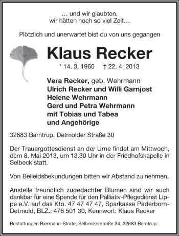 Anzeige  Klaus Recker  Lippische Landes-Zeitung