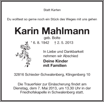 Anzeige  Karin Mahlmann  Lippische Landes-Zeitung