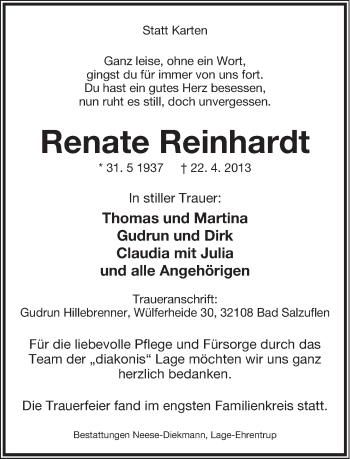 Anzeige  Renate Reinhardt  Lippische Landes-Zeitung
