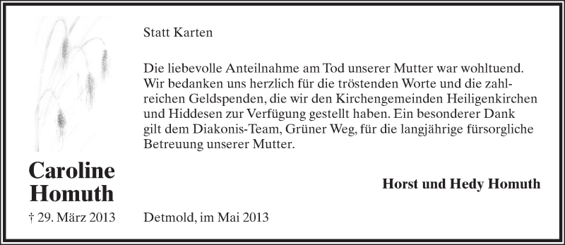  Traueranzeige für Caroline Homuth vom 04.05.2013 aus Lippische Landes-Zeitung