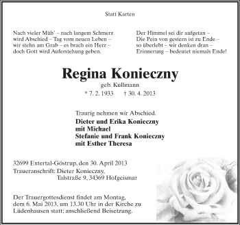 Anzeige  Regina Konieczny  Lippische Landes-Zeitung