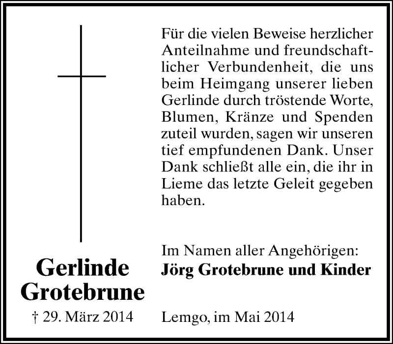  Traueranzeige für Gerlinde Grotebrune vom 10.05.2014 aus Lippische Landes-Zeitung