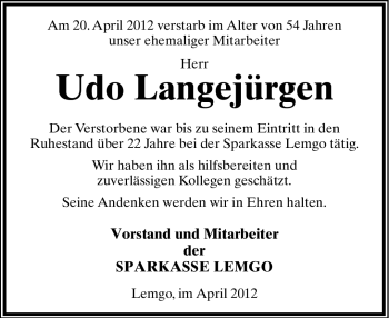 Anzeige  Udo Langejürgen  Lippische Landes-Zeitung